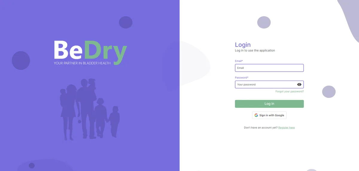 Zaslon za prijavu u BeDry web aplikaciju na bedry.app — vaš partner za zdravlje mokraćnog mjehura