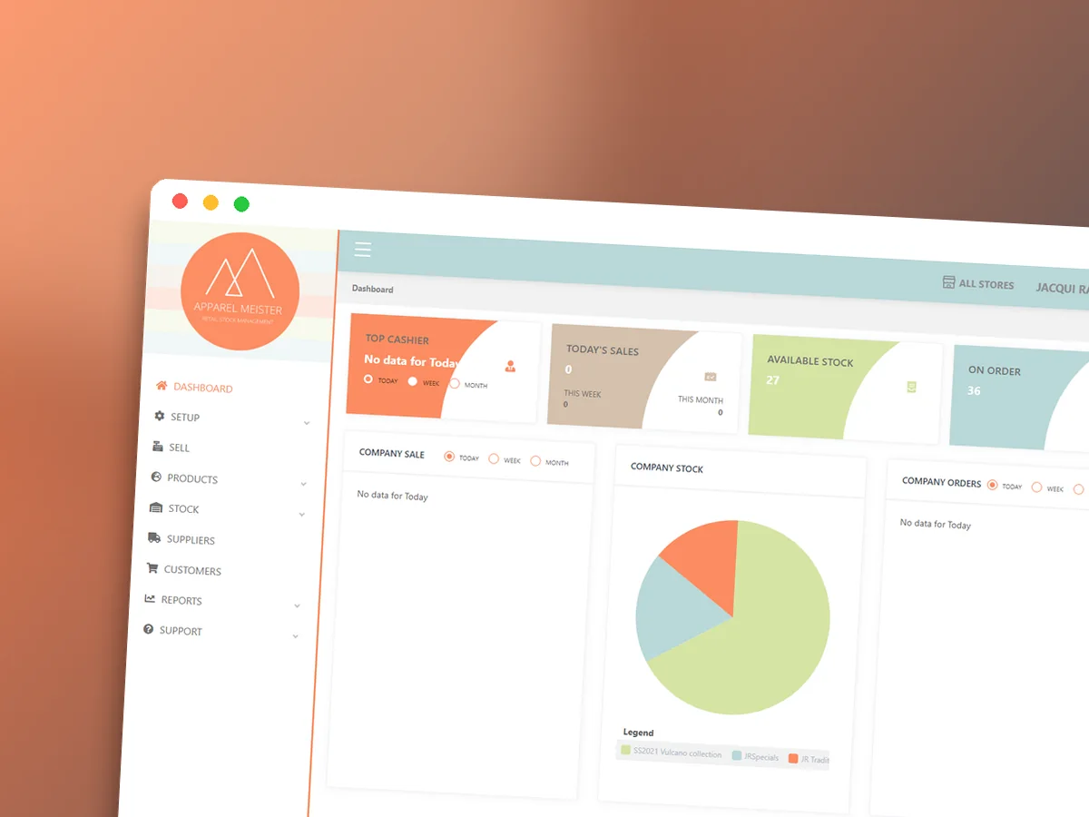Apparel Meister back-office dashboard in a browser window over a coral gradient