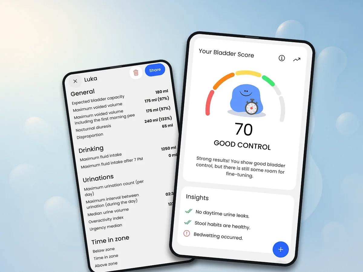 BeDry app — Bladder Score checkpoint and trends report on two phones over a soft water-droplet backdrop