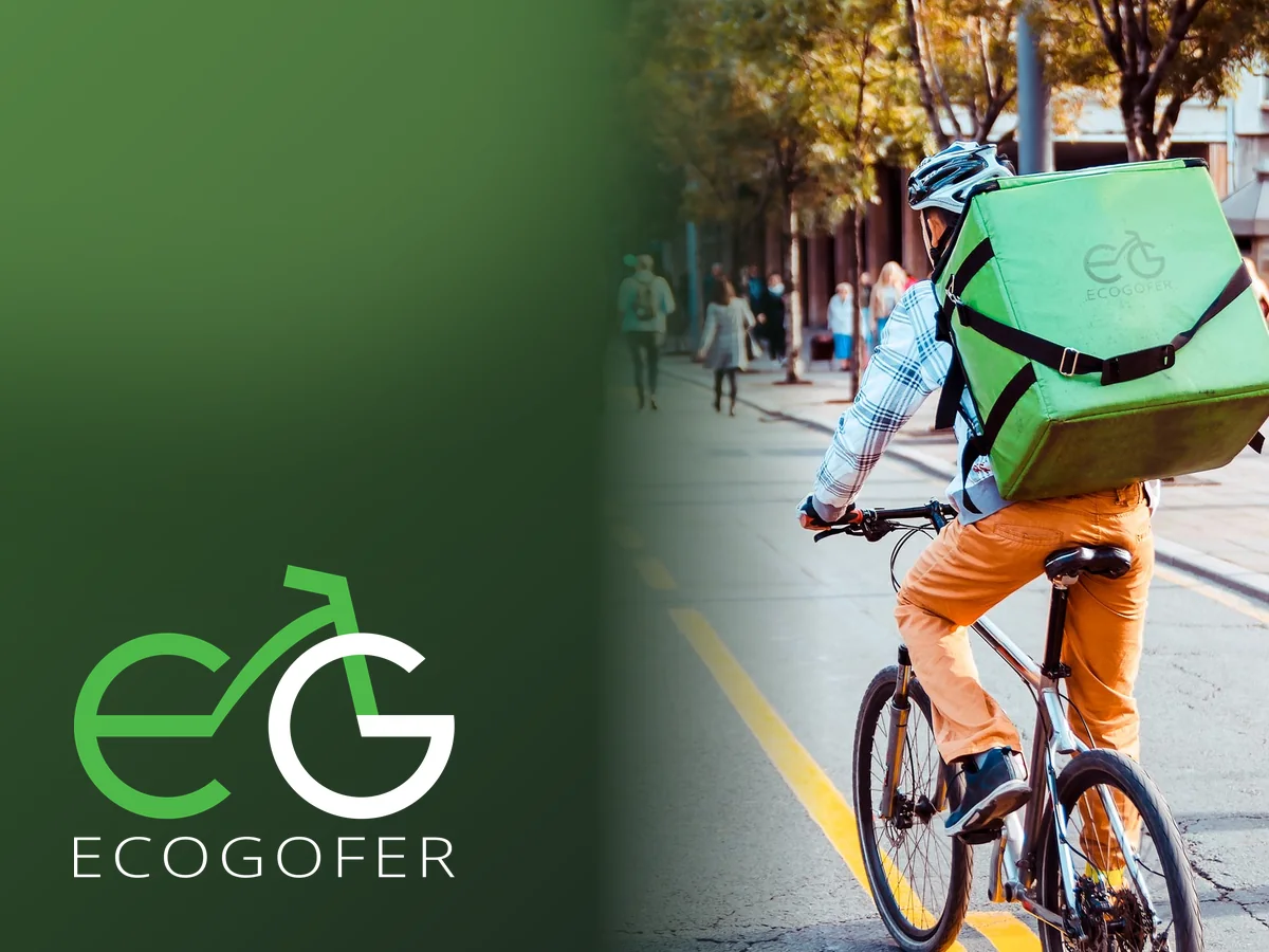 EcoGofer courier cycling with a green branded delivery bag next to the EcoGofer bicycle logo