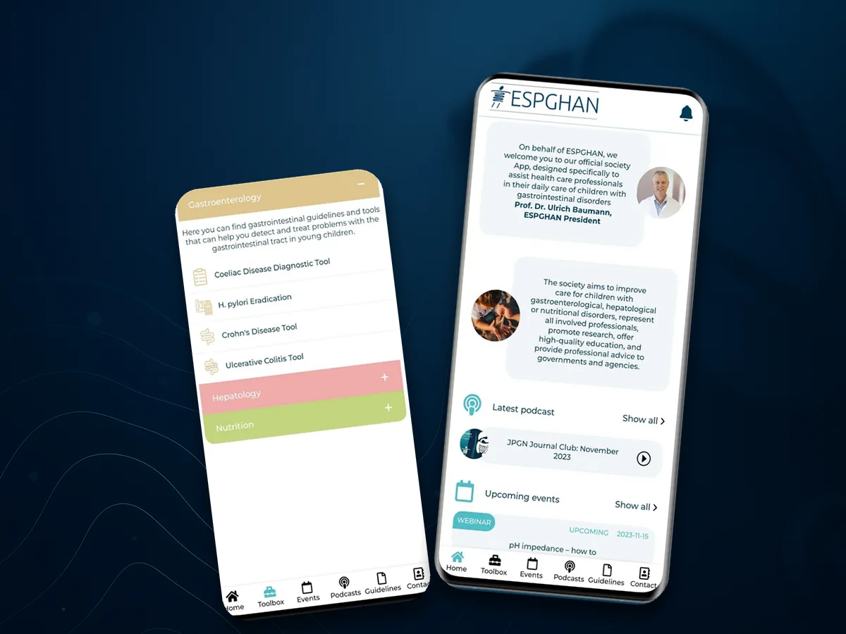 ESPGHAN app — home screen and diagnostic toolbox on two phones over a calm navy backdrop