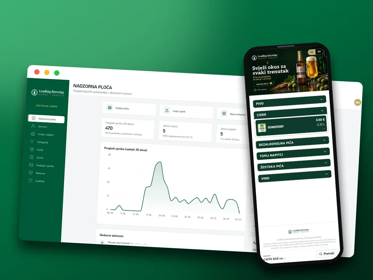 Digital pricelist — admin dashboard and guest QR menu over a moody bar scene