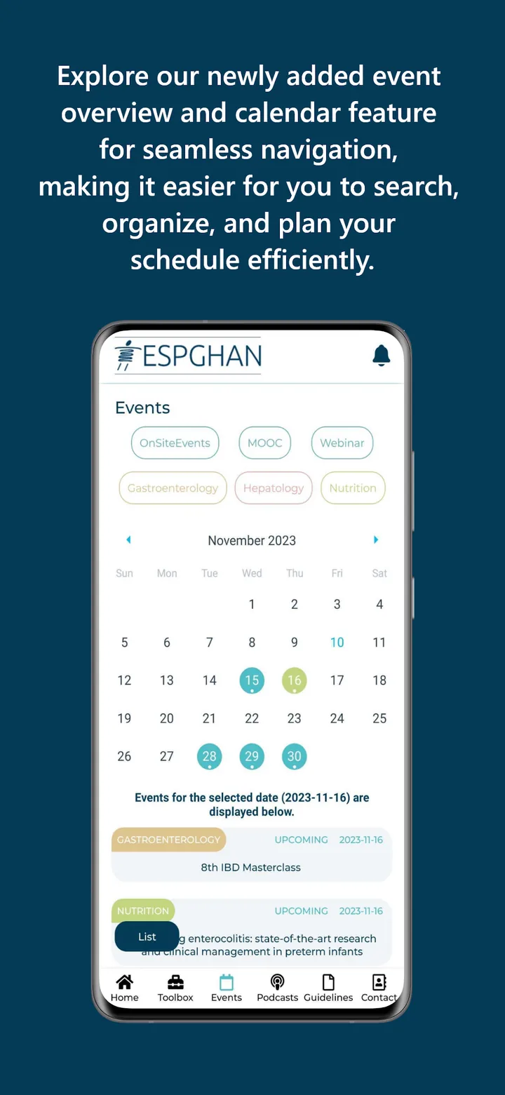 Snimka ESPGHAN aplikacije — kalendar događaja