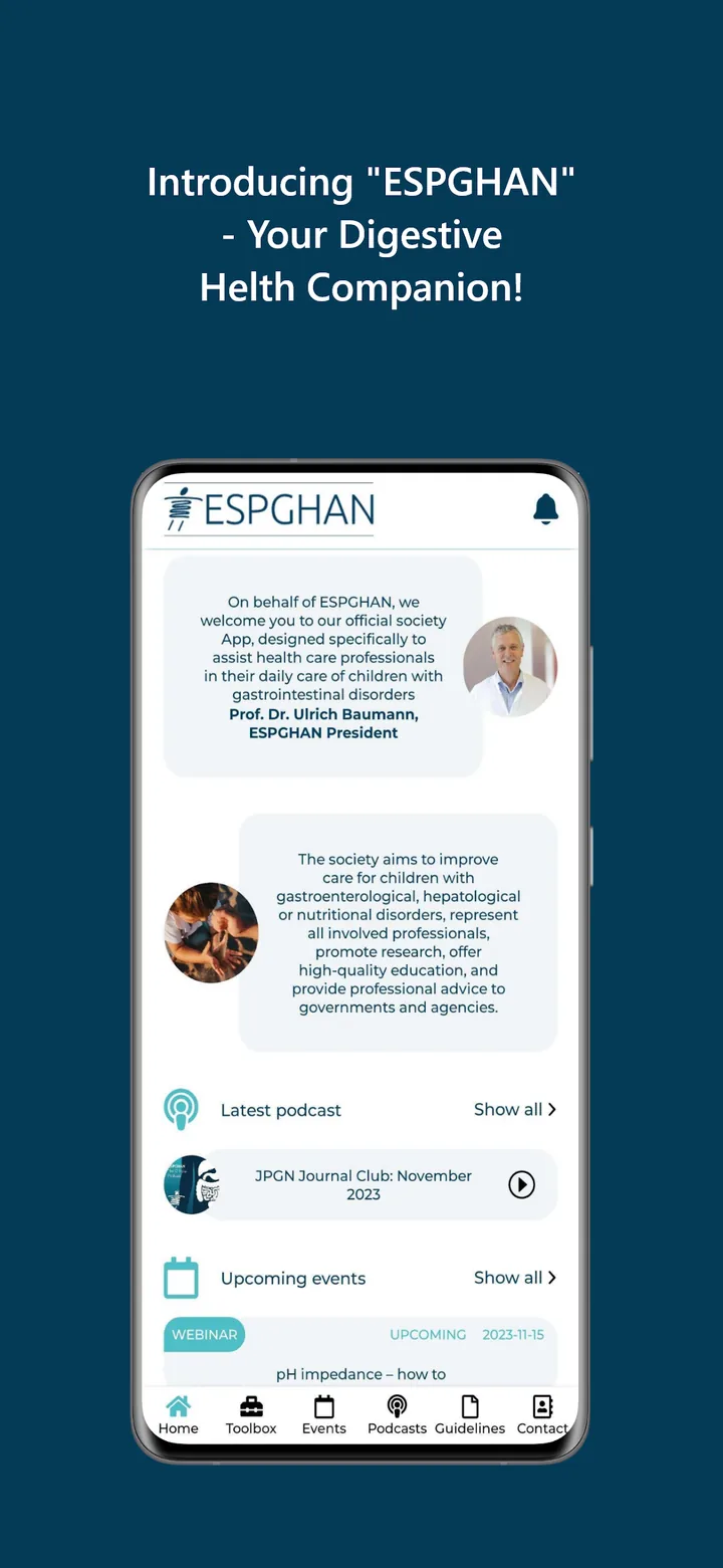 Snimka ESPGHAN aplikacije u trgovini — početni zaslon s dobrodošlicom društva, najnovijim podcastom i nadolazećim događajima