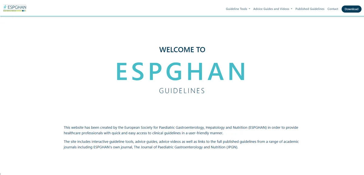 Početni zaslon ESPGHAN Guidelines web aplikacije na espghan.info