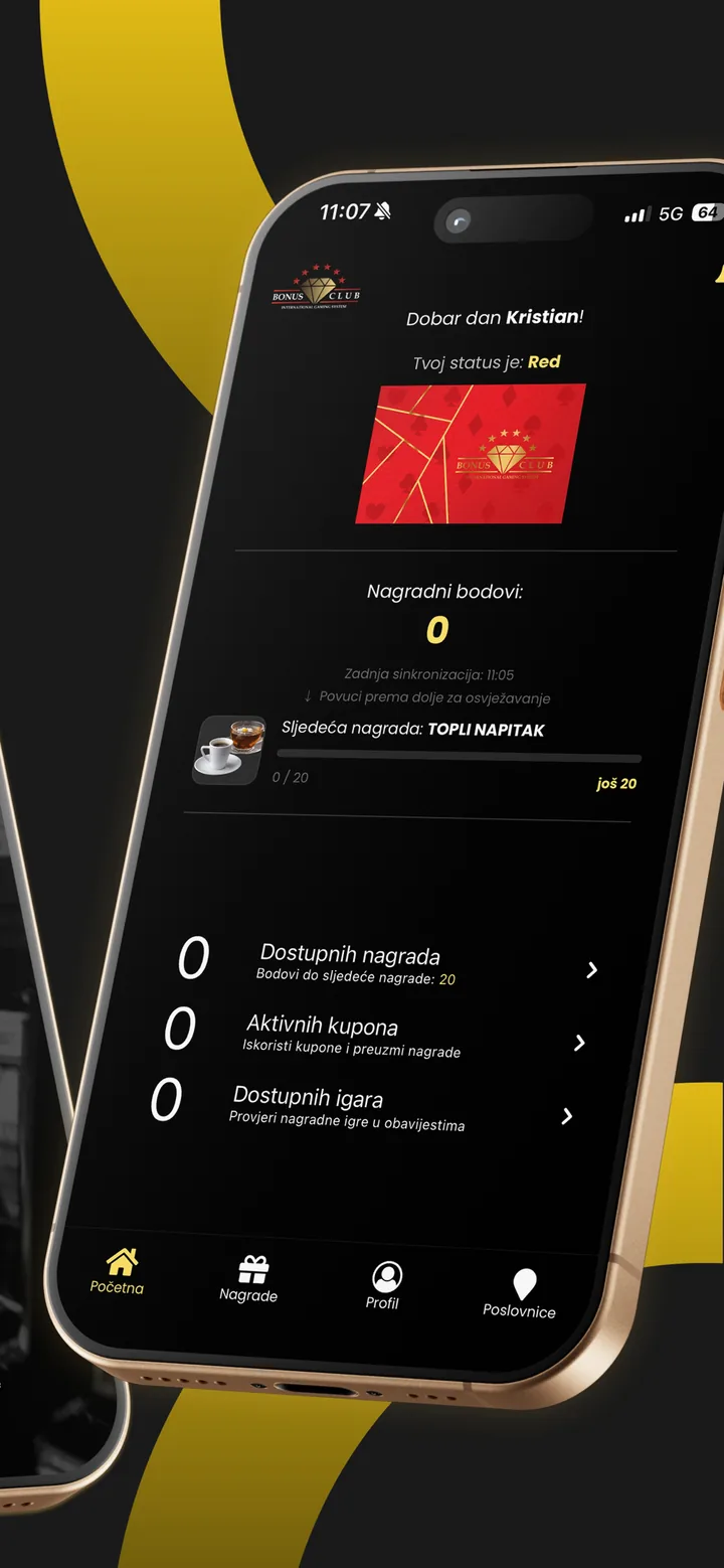 Početni zaslon Max Bonus Club aplikacije — status ranga „Red”, nagradni bodovi i napredak do sljedeće nagrade