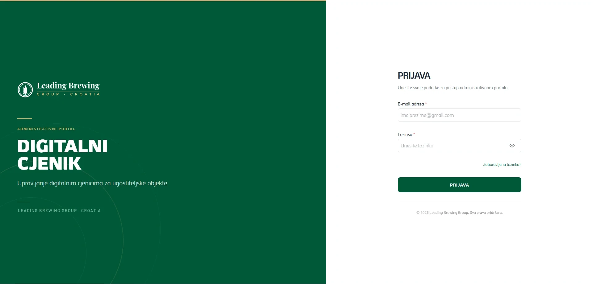 Brendirani zaslon za prijavu u administratorski portal digitalnog cjenika