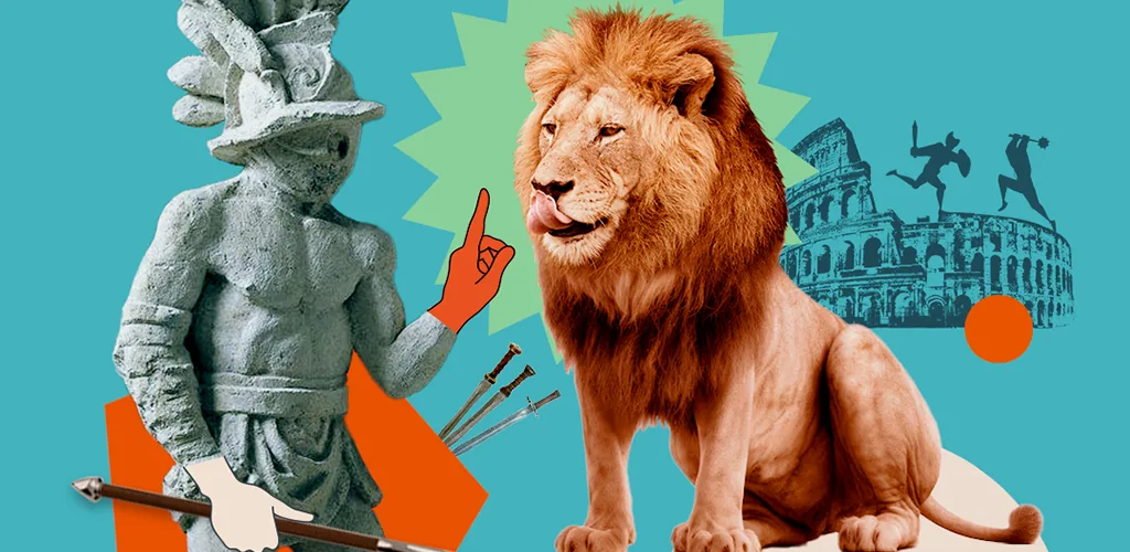 Trova Trails key art — a gladiator statue and a lion in front of the Colosseum in collage style